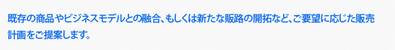 既存の商品やビジネスモデルとの融合、もしくは新たな販路の開拓など、ご要望に応じた販売企画をご提案します。